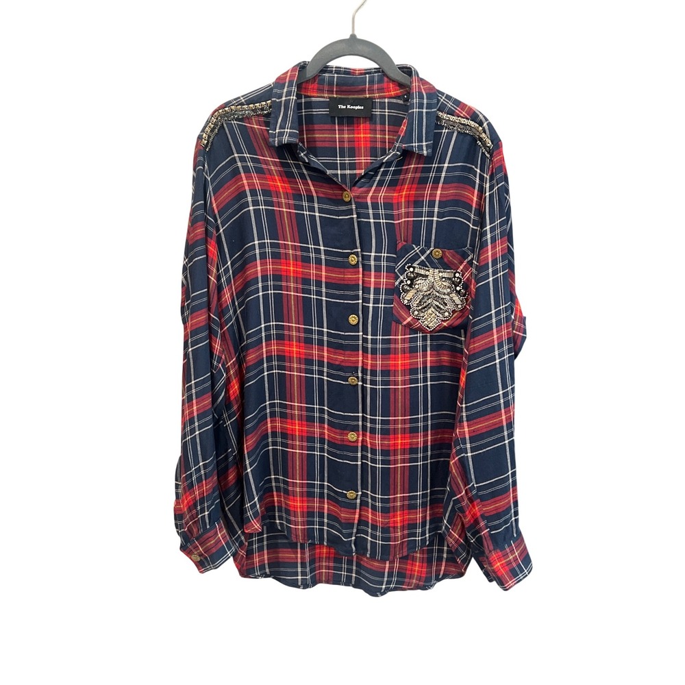 The‎ Kooples Embellished Plaid Flannel Shirt Size S Red Blue Gold Button Down